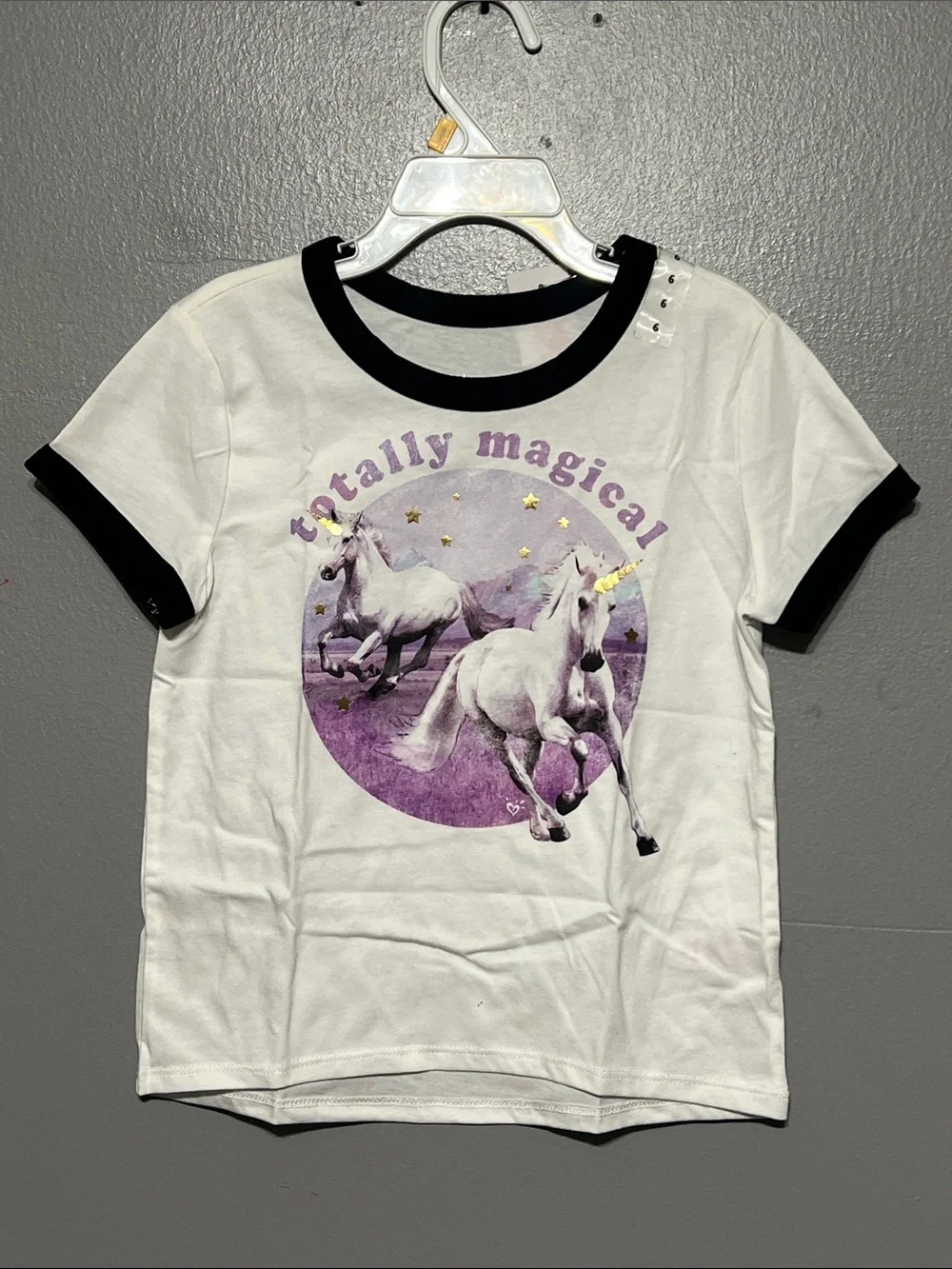 Justice Unicorn Graphic Tee White Black Short Sleeve Crew Neck T-Shirt Girl’s 6